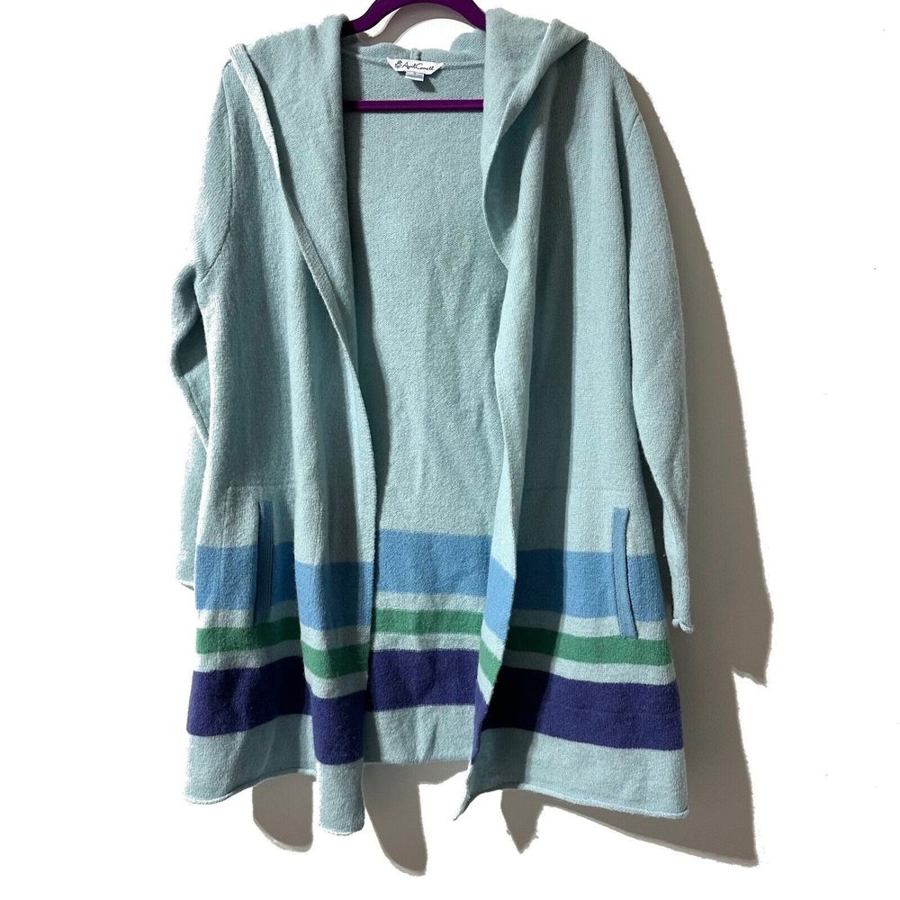 April Cornell Lambswool Cardigan Sweater Longline Hooded Open Front Size S Blue